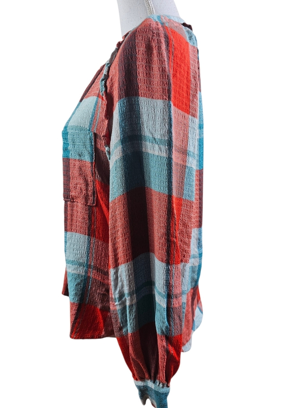Pilcro Anthropologie Breezy Teal Blue And Red Buffalo Plaid Button Down Shirt S - Picture 4 of 8